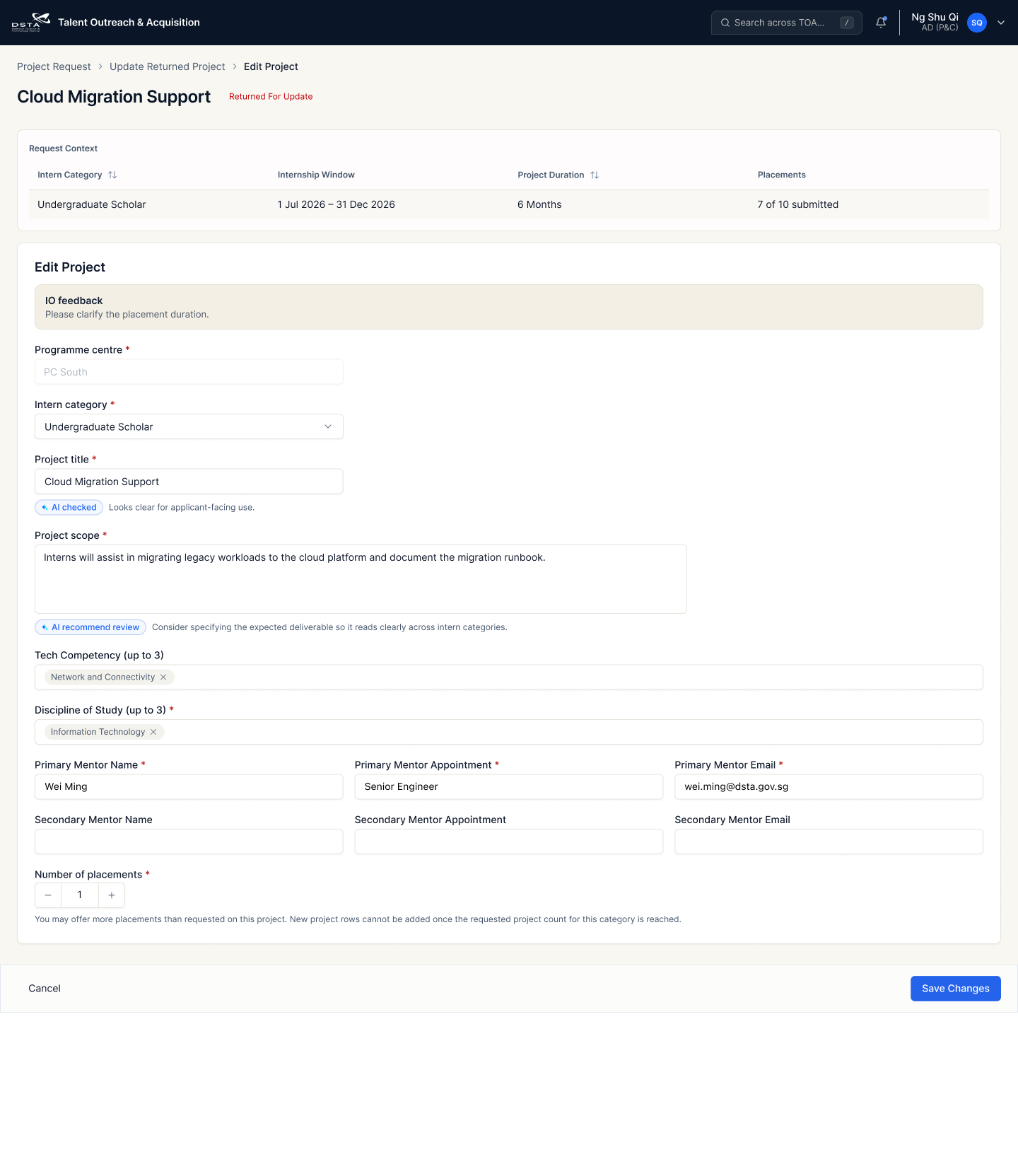AD P and C returned project editing page after the reviewed update